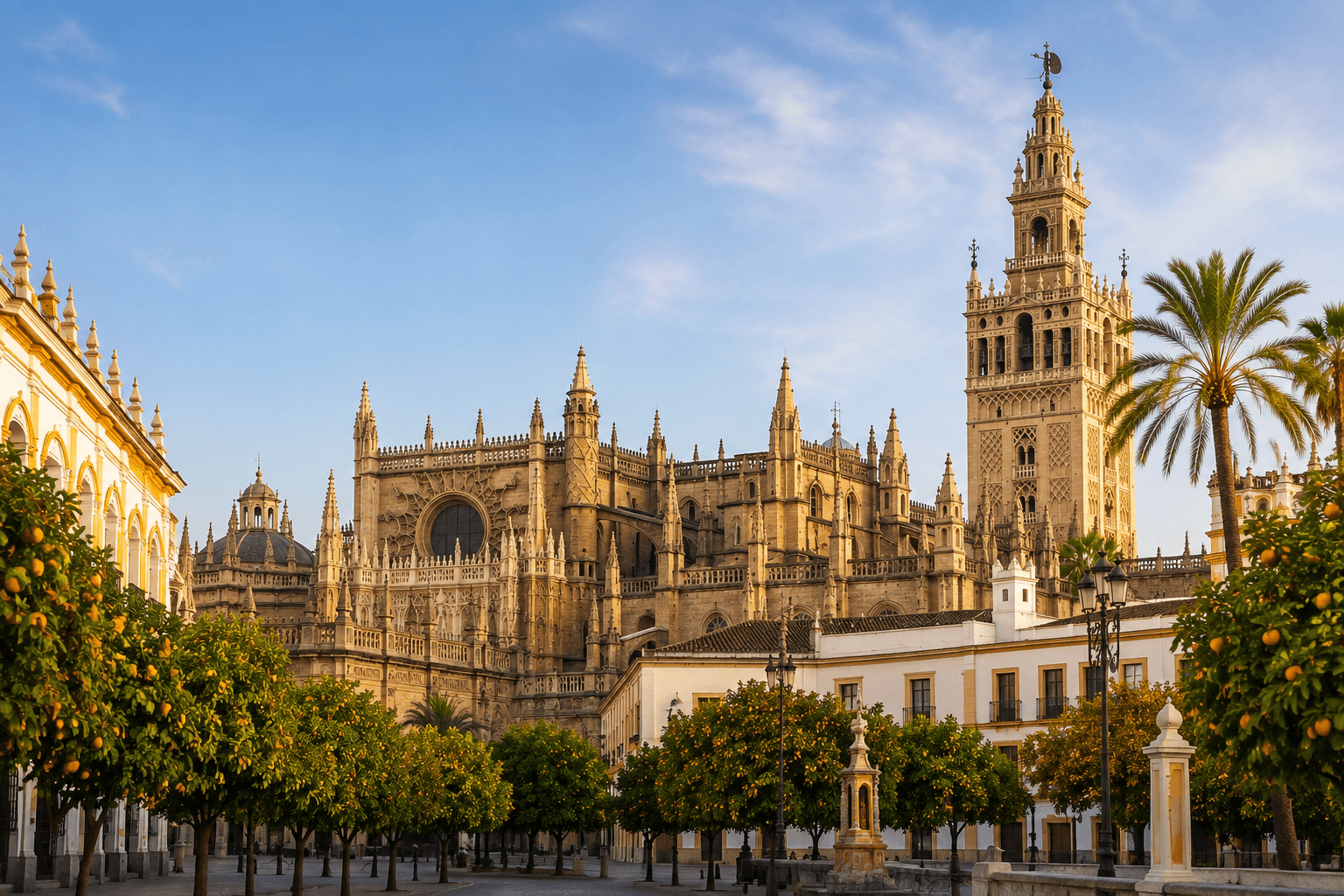 Seville Cathedral and La Giralda Tower surrounded by orange trees in the historic centre of Seville, Spain.