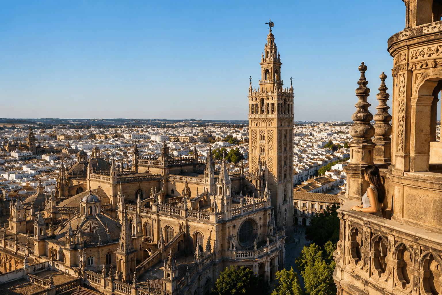Seville Cathedral and La Giralda Tower overlooking the historic centre of Seville, Spain.